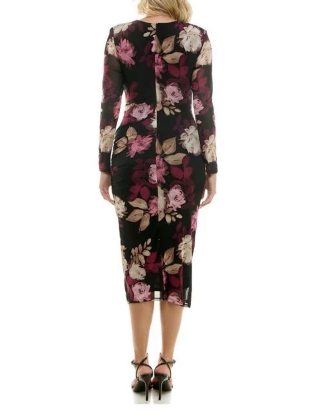 Taylor Floral Mesh Ruched Midi Dress 16W Black Pink Long Sleeve Plus - Picture 4 of 14